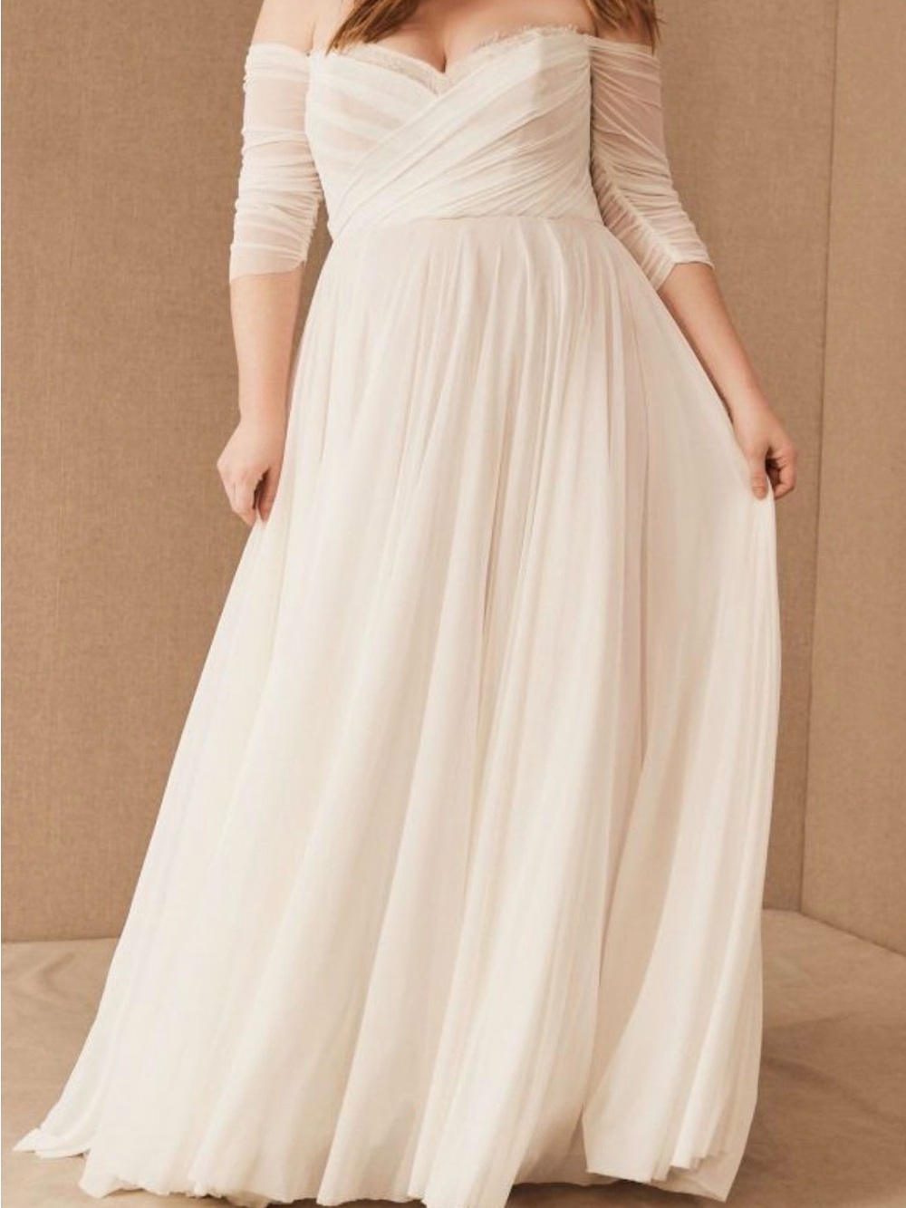 Watters Ivory Off-Shoulder Long Sleeve Chiffon Gown - Picture 2 of 15